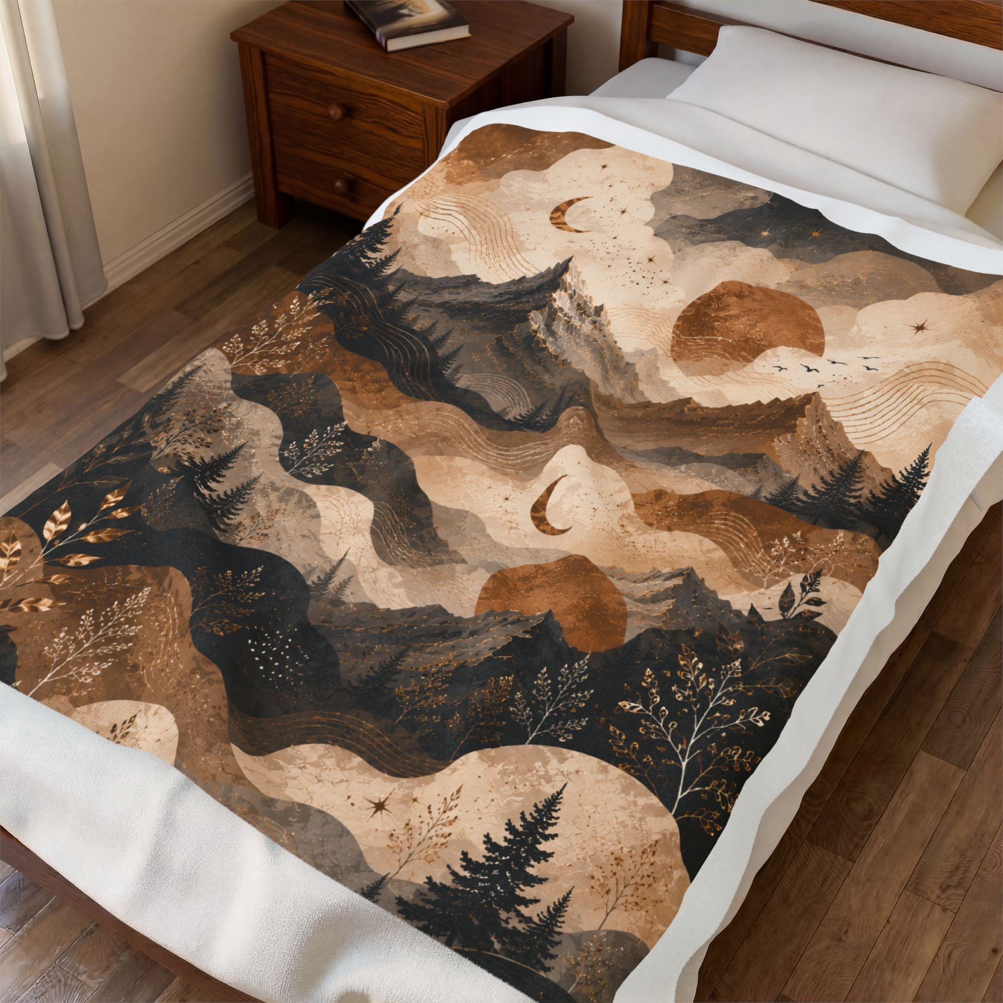 Mountain Moon Velveteen Plush Blanket – Boho Celestial Forest Throw