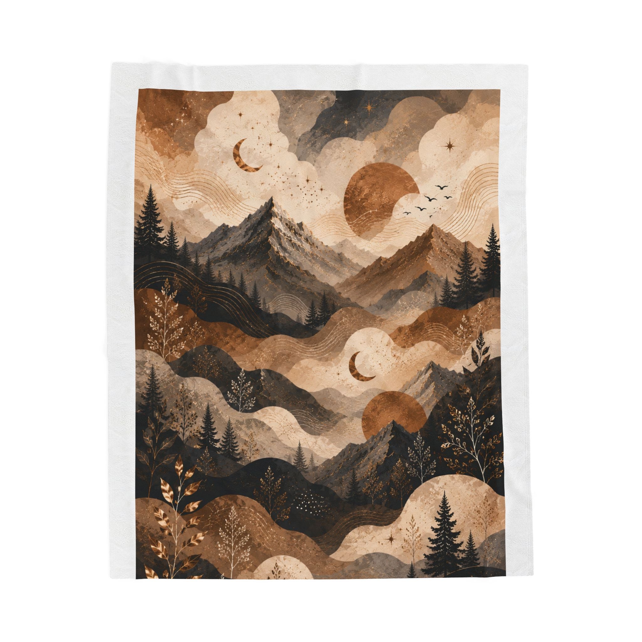 Mountain Moon Velveteen Plush Blanket – Boho Celestial Forest Throw