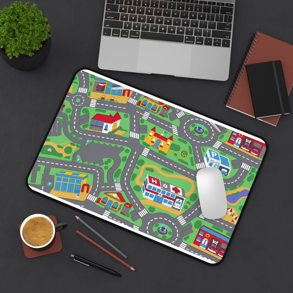 Kids Play Roadmap Desk Mat — Colorful Toy Town Playmat for Desktop