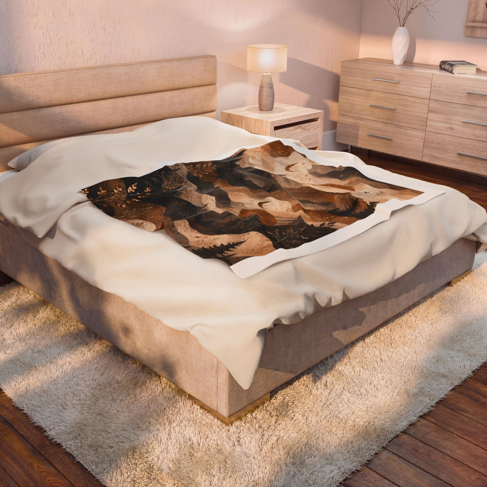 Mountain Moon Velveteen Plush Blanket – Boho Celestial Forest Throw